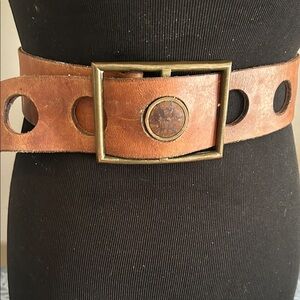 Vera Pelle Tan Cutout Leather Belt with Brass Accent